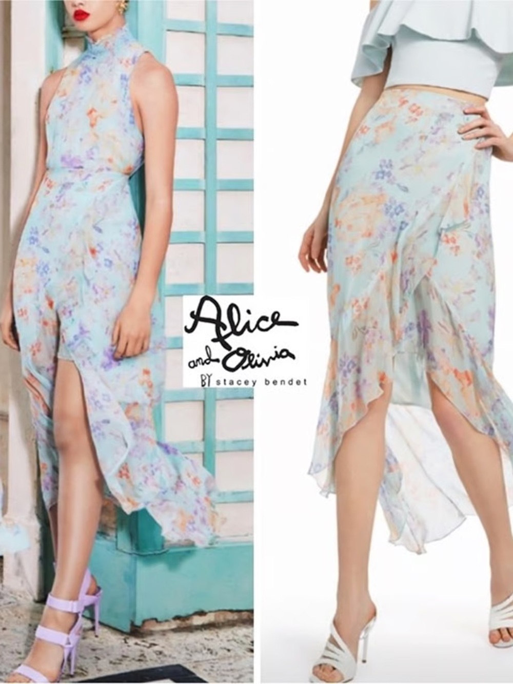 Alice + Olivia Pastel Floral High-Low Skirt in Light Blue